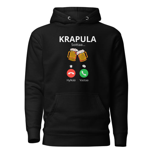 Mustapohjainen huppari, jossa on printtipaita aiheesta krapula ja puhelinvastauskuvakkeet