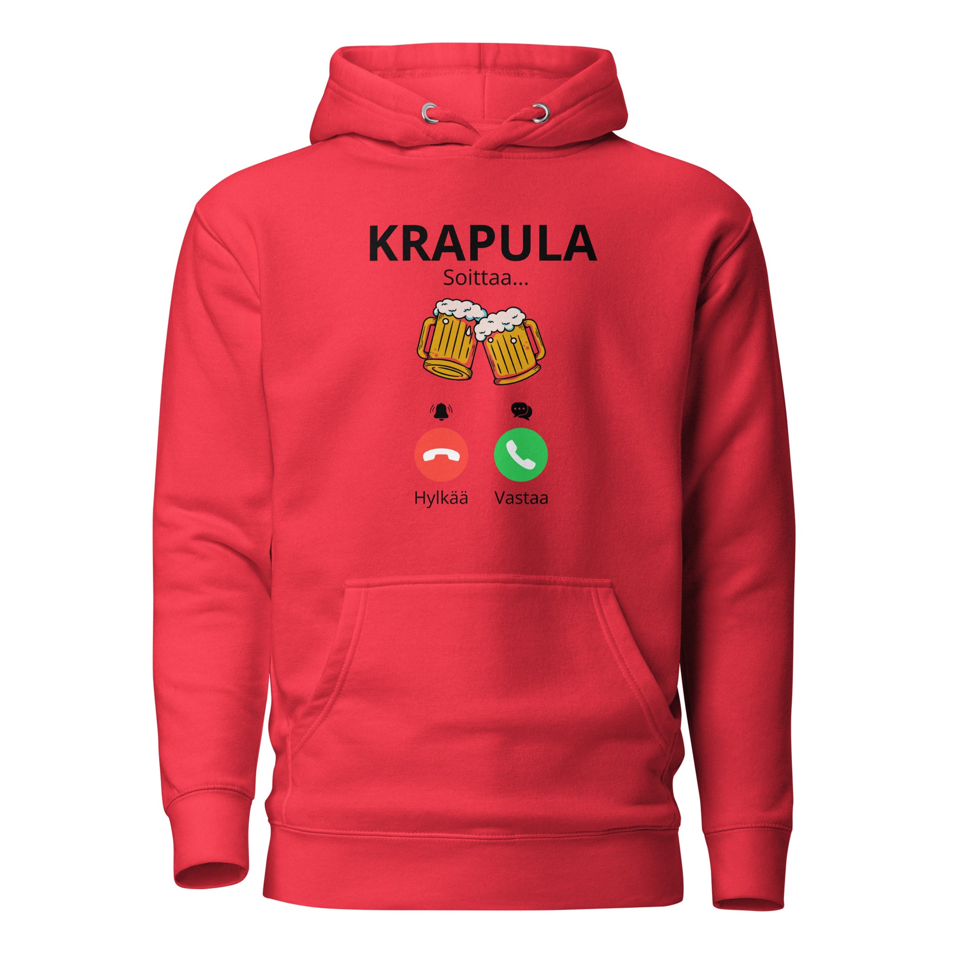 Punainen printtipaita Krapulaaiheella, jossa on hauska tanssisymboli ja puhelinpainikkeet