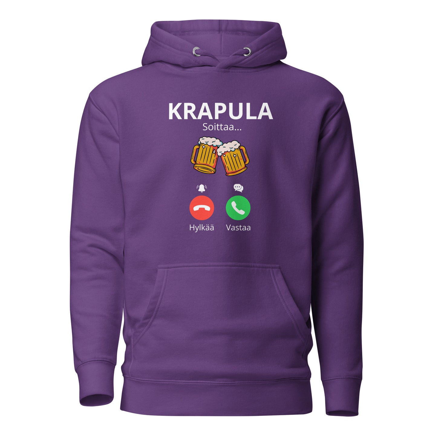 Violetin värinen printtipaita, jossa on huumorimainen teksti ja kuvat olutkirjoista