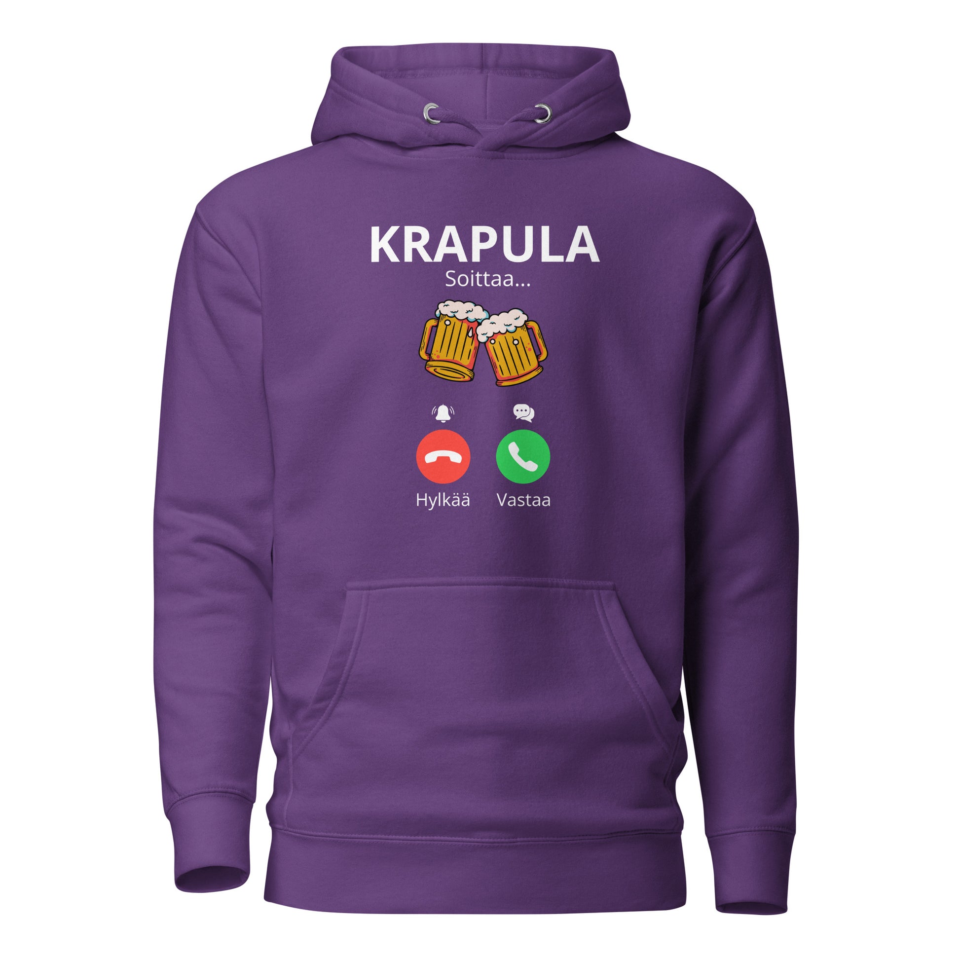Violetin värinen printtipaita, jossa on huumorimainen teksti ja kuvat olutkirjoista