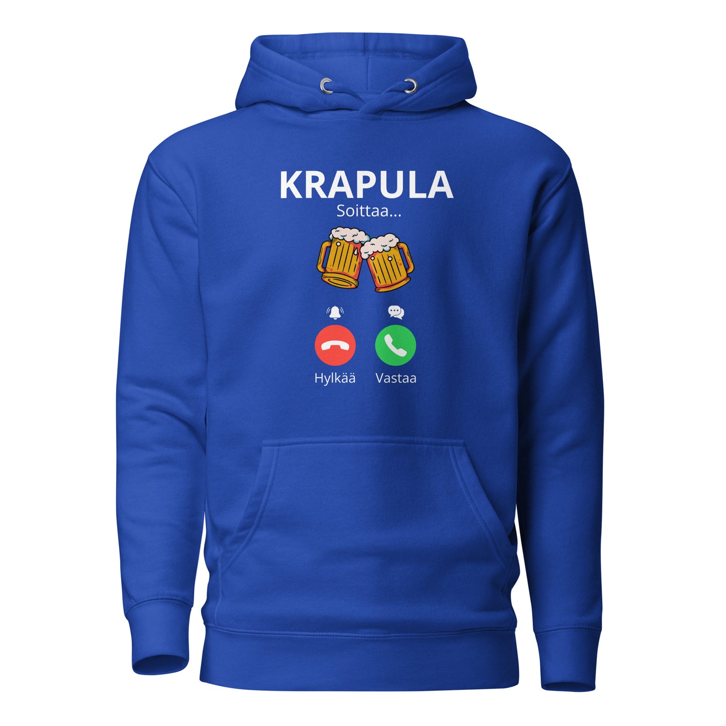 Sininen printtipaita nimeltä Krapula, jossa hauska kuvasto oluista ja puhelinasetuksista