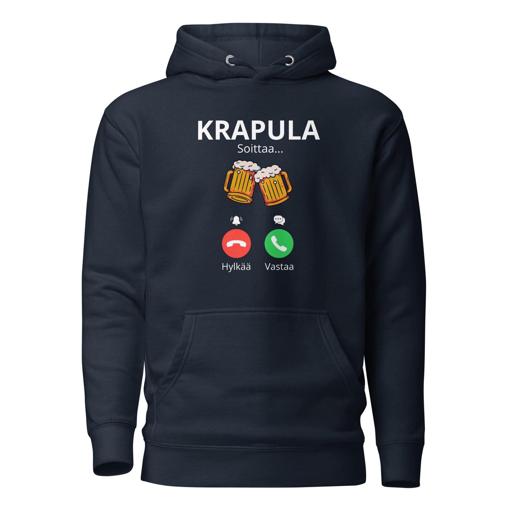 Tumma huppari, jossa hauska Krapula-teksti ja olutlasit, täydellinen printtipaita-tyyliin.