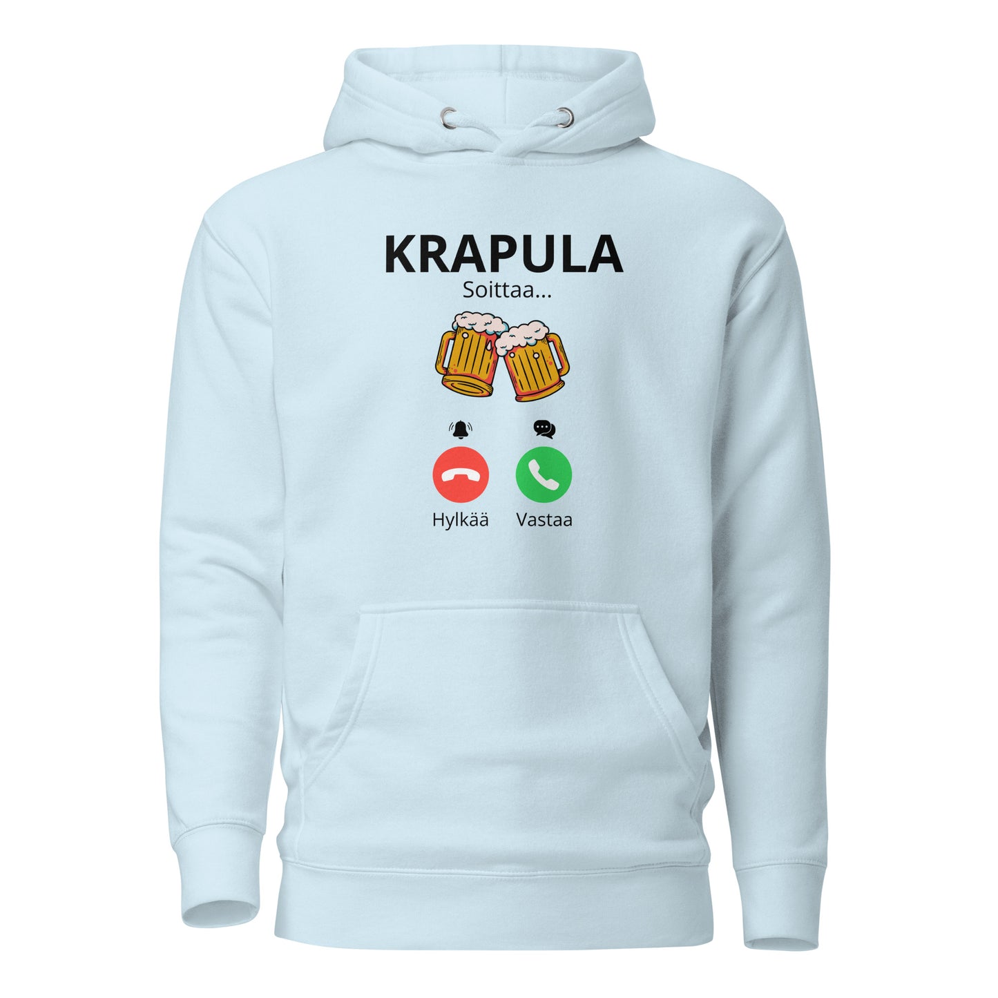 Vaaleansininen printtipaita, jossa hauska krapula-aiheinen painatus ja puhelinsymbolit
