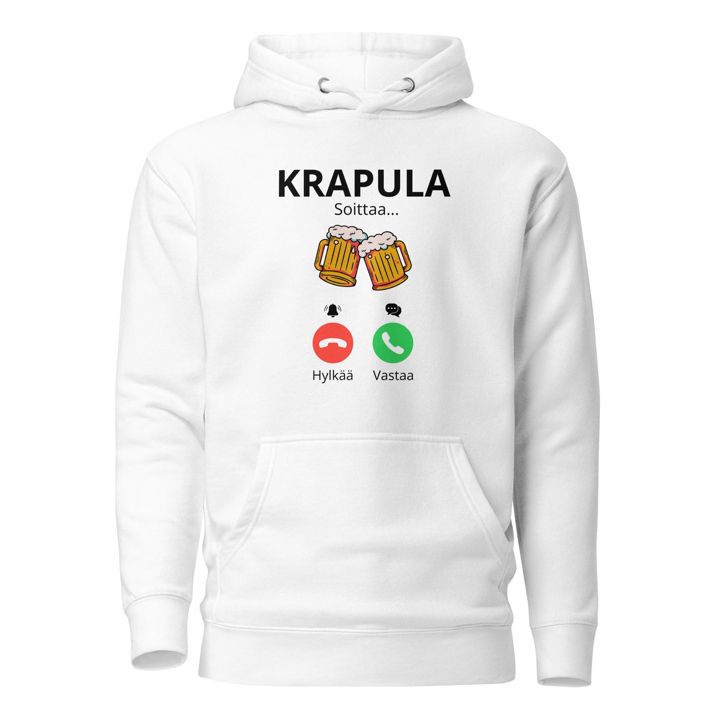 Valkoinen printtipaita, jossa on hauska Krapula-teksti ja olutlasit