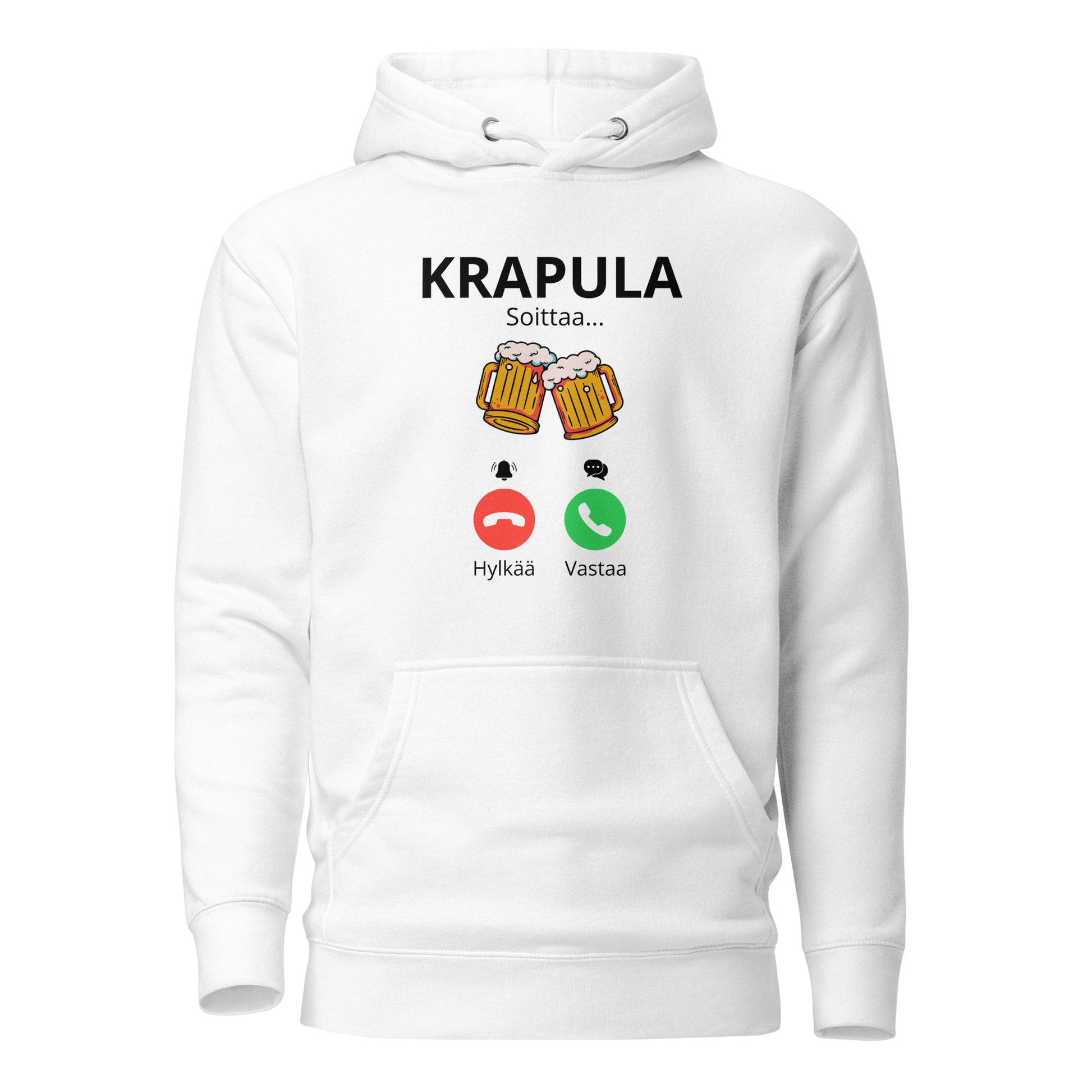 Valkoinen printtipaita, jossa on hauska Krapula-teksti ja olutlasit
