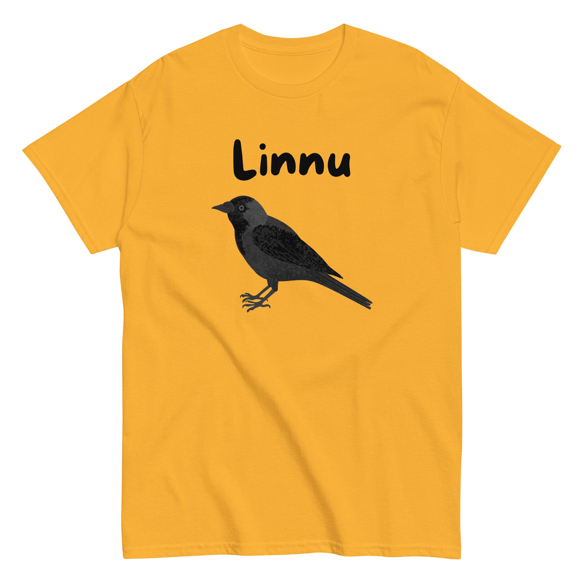 Keltainen printtipaita, jossa on musta lintu ja teksti 'Linnu' edessä