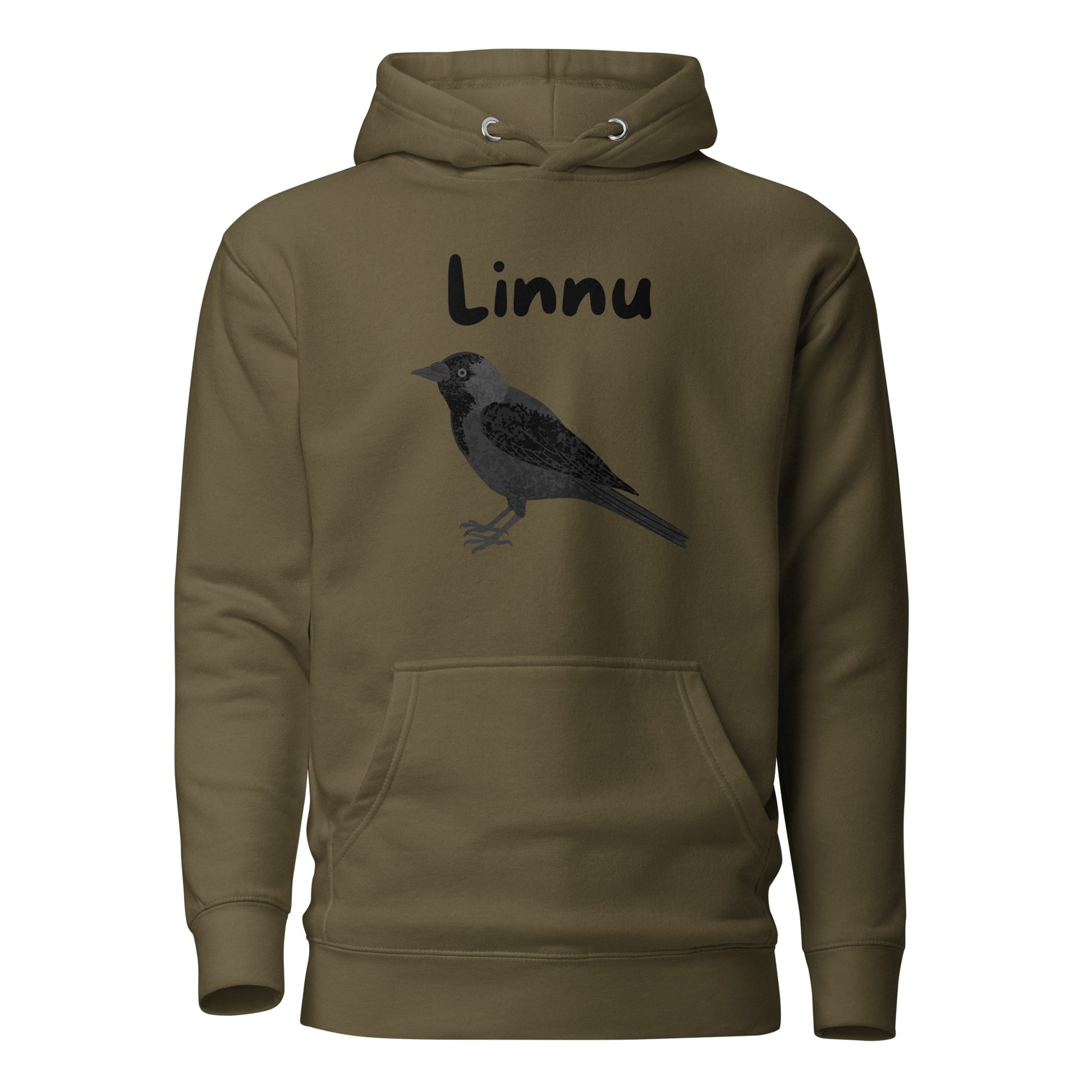 Meemirotta printtipaita, jossa on linnun kuva ja teksti 'Linnu' tummanvihreässä hupparissa