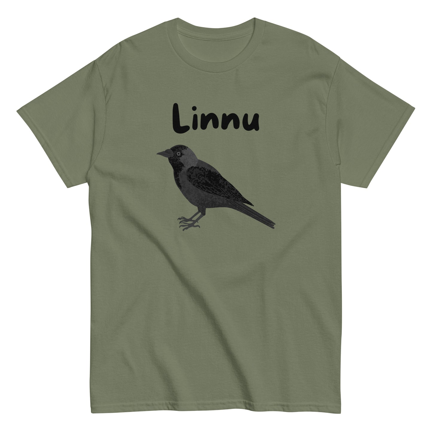Meemirotta printtipaita, jossa on musta lintu ja teksti 'Linnu' vihreällä taustalla