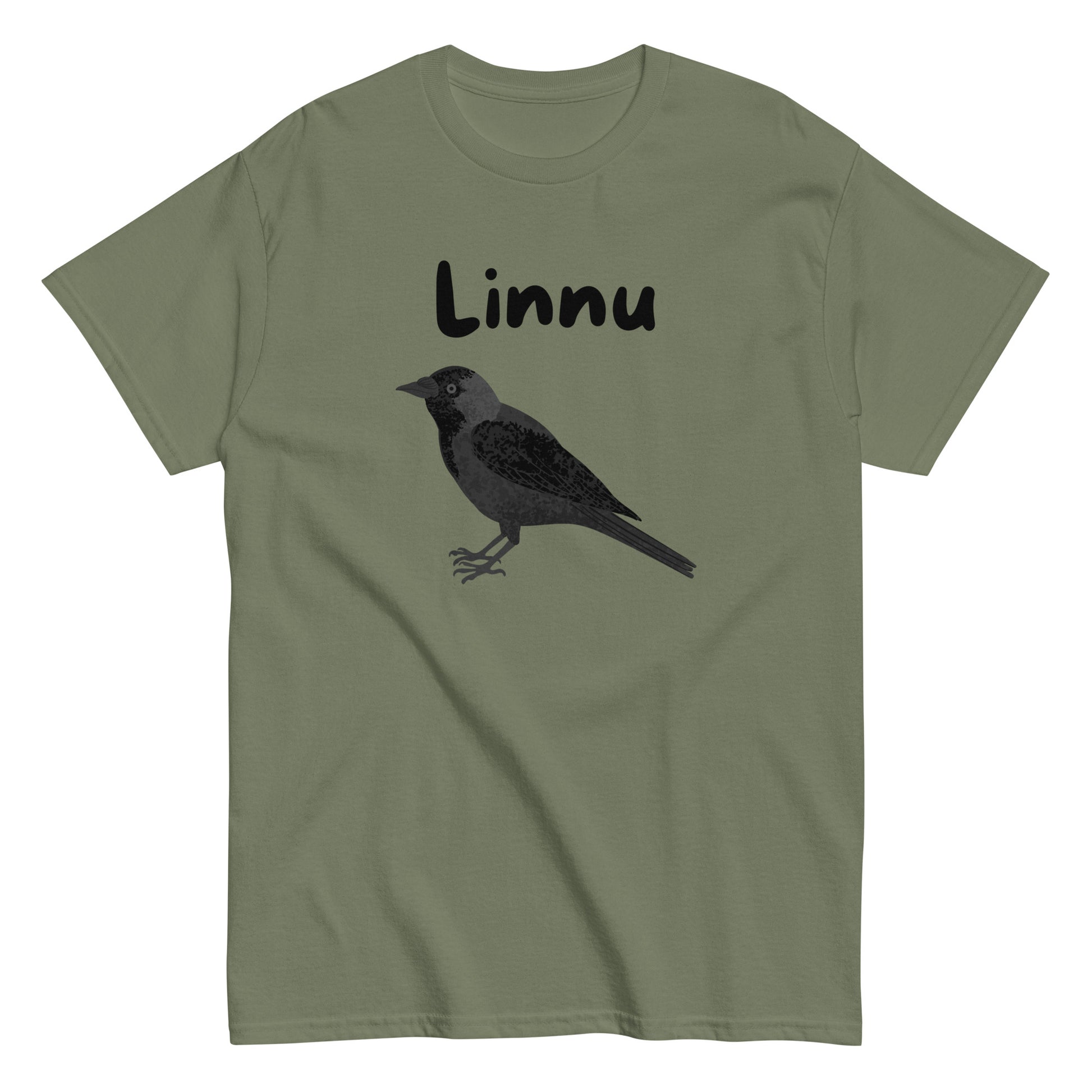 Meemirotta printtipaita, jossa on musta lintu ja teksti 'Linnu' vihreällä taustalla