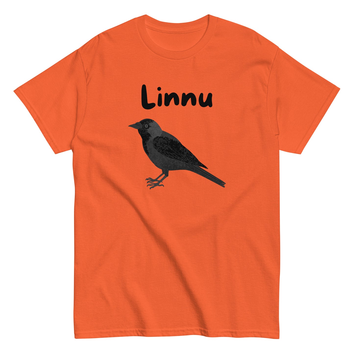 Oranssi printtipaita, jossa musta lintu ja teksti Linnu edessä