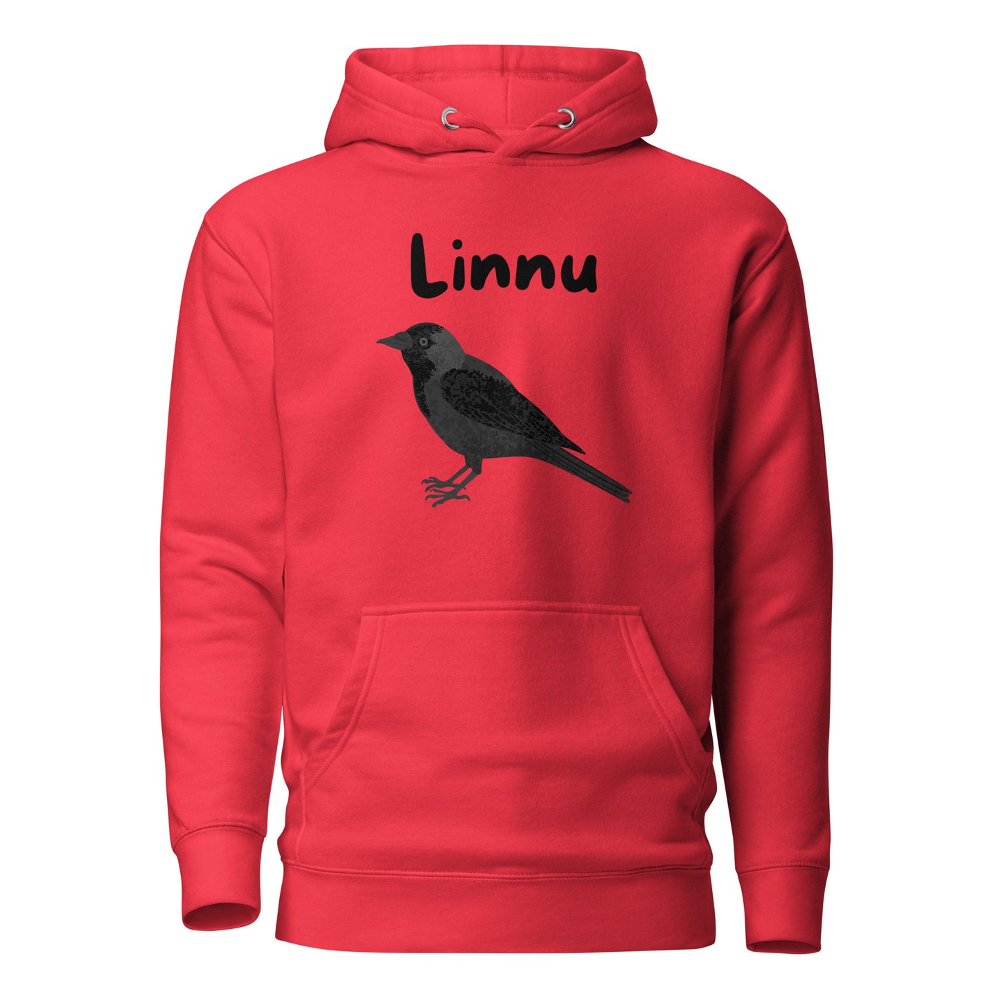 Punainen printtipaita, jossa on musta lintu ja 'Linnu' teksti edessä
