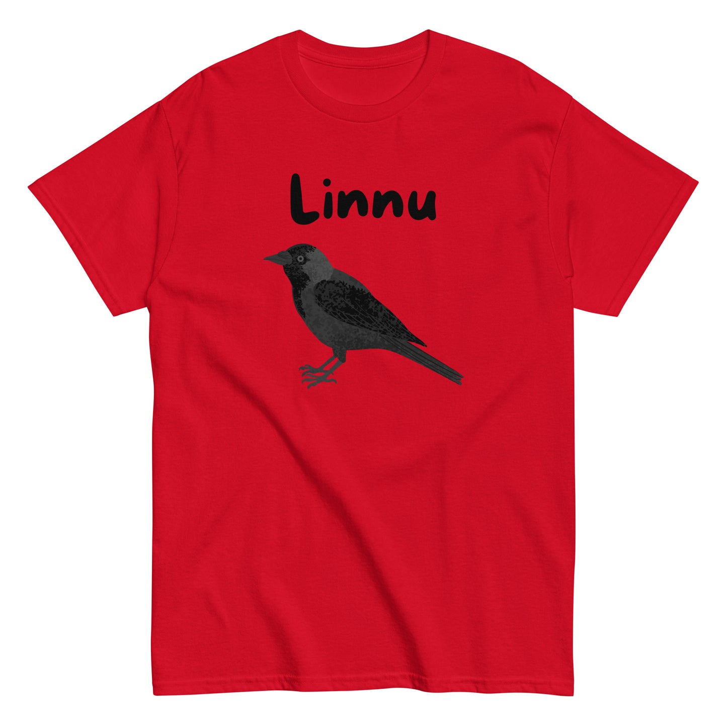 Punainen printtipaita mustalla linnun kuvalla ja tekstillä Linnu
