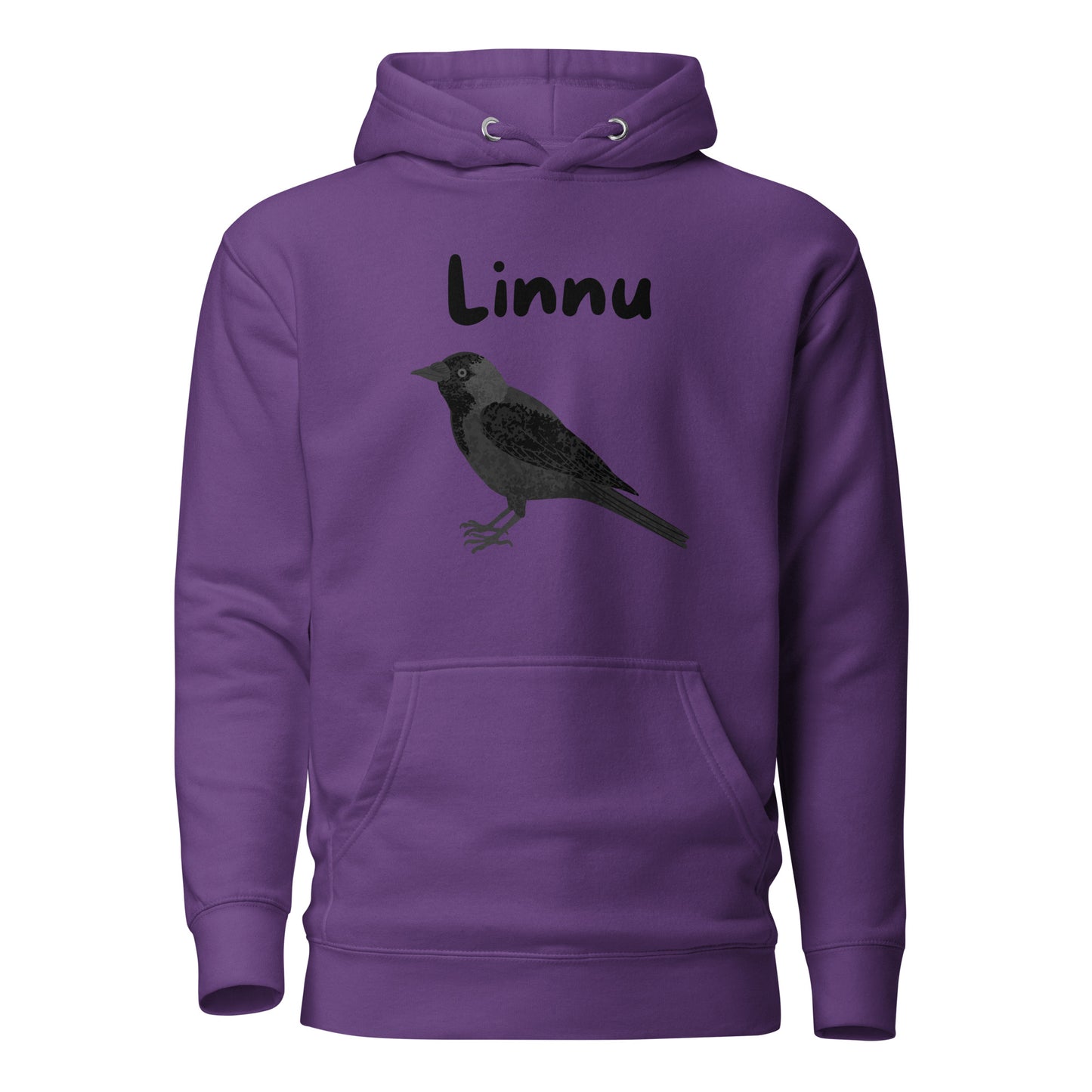 Violetti Meemirotta printtipaita, jossa lintu ja teksti Linna edessä