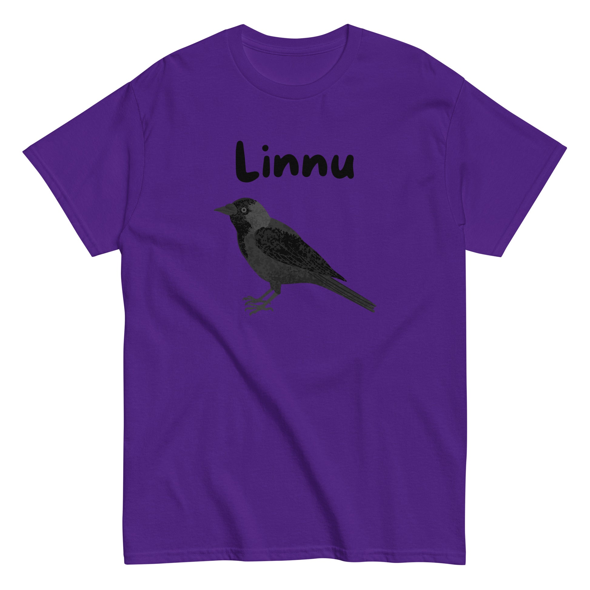Violetti printtipaita, jossa musta lintu ja teksti 'Linnu' edessä