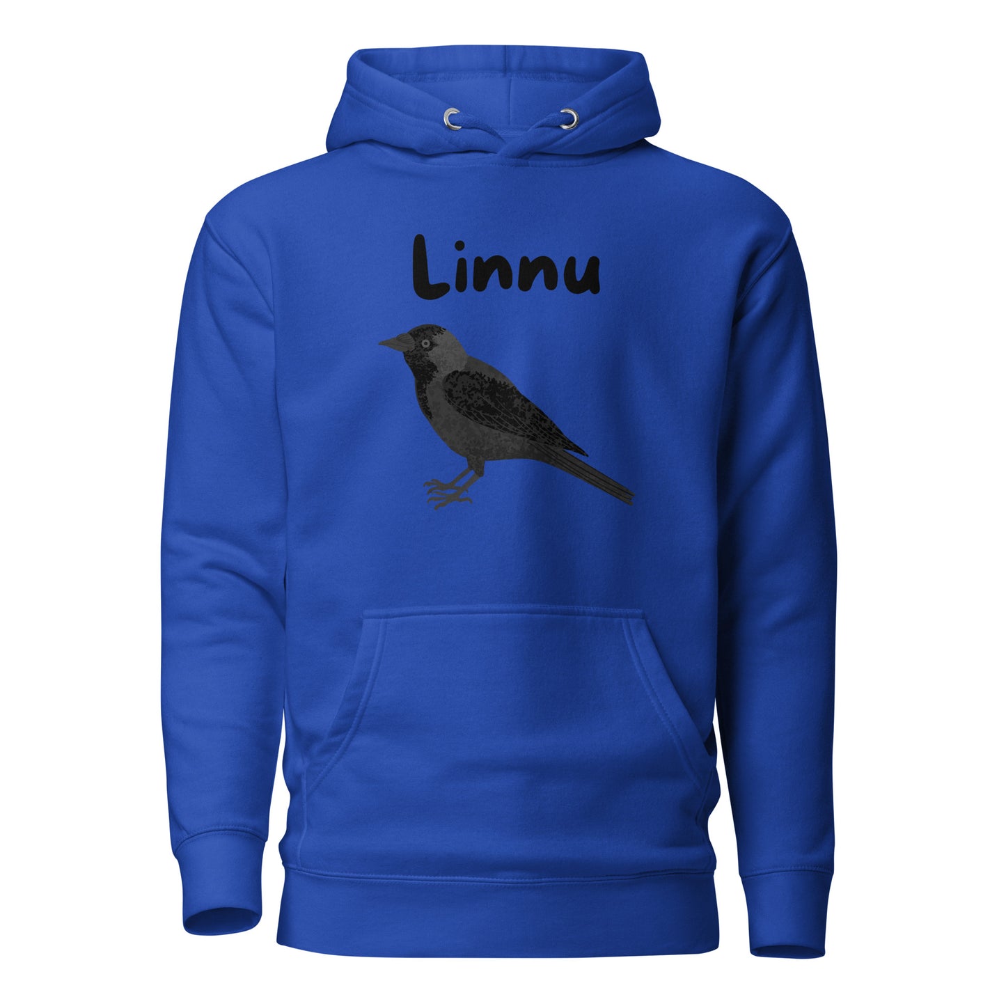 Sininen huppari, jossa on musta lintu ja teksti 'Linnu', täydellinen printtipaita-tyyliin