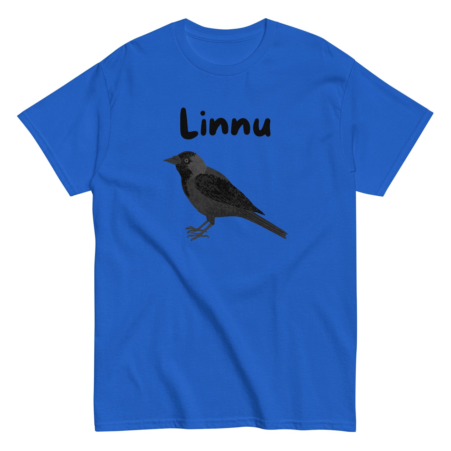 Sininen printtipaita, jossa musta lintu ja teksti 'Linnu' edessä