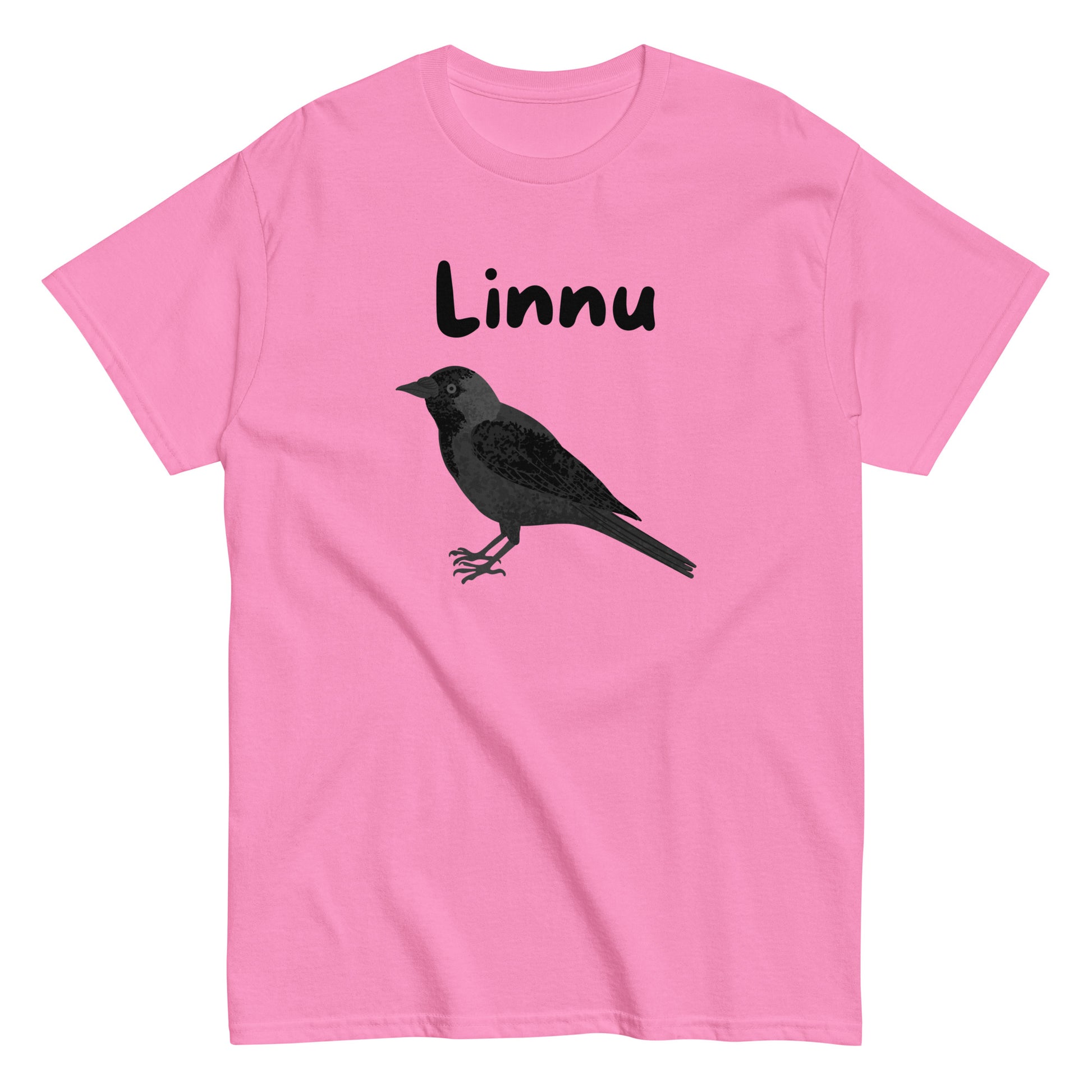 Vaaleanpunainen printtipaita mustalla linnun kuvalla ja tekstillä 'Linnu'