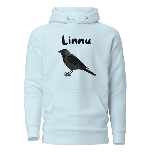 Vaaleansininen printtipaita, jossa on linnun kuva ja sana Linnu edessä