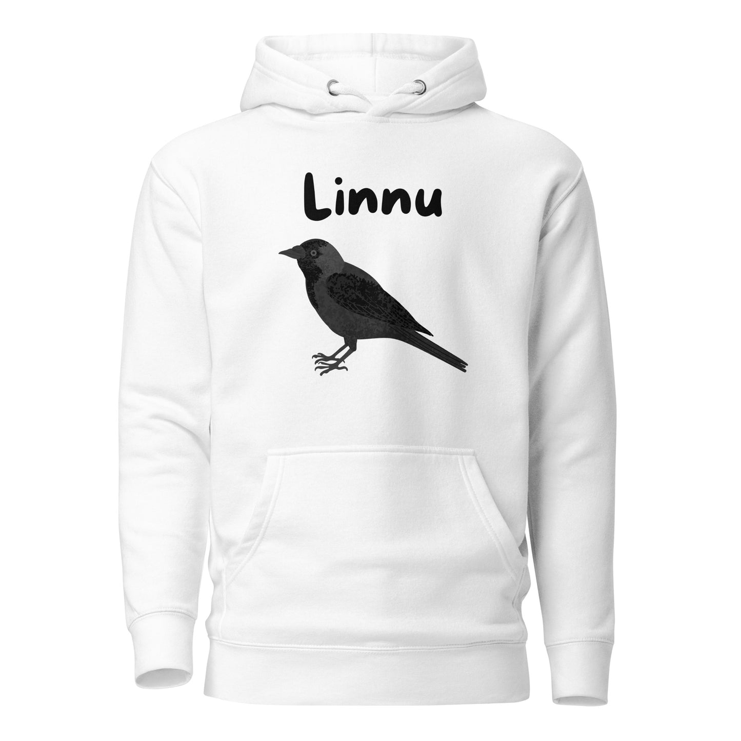Valkoinen printtipaita, jossa on linnun kuva ja teksti Linna edessä