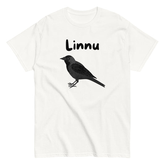 Valkoinen printtipaita, jossa musta lintu ja teksti Linna edessä