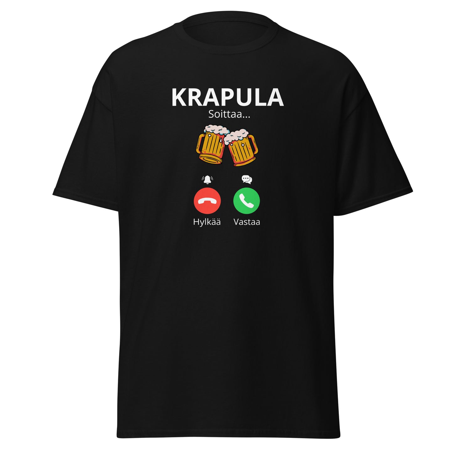 Mustat printtipaita, jossa teksti Krapula Soittaa ja olutlasit, hauska malli vapaa-aikaan