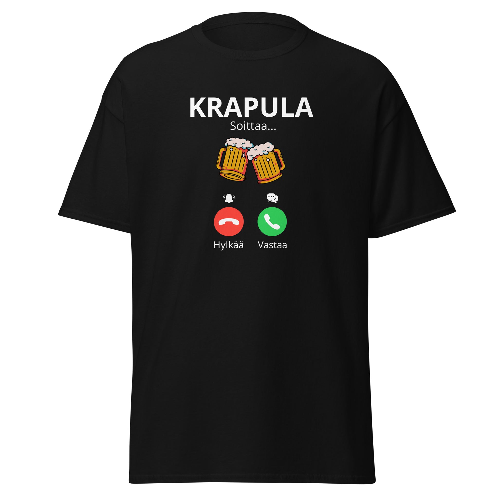 Mustat printtipaita, jossa teksti Krapula Soittaa ja olutlasit, hauska malli vapaa-aikaan