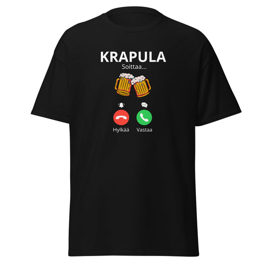 Mustat printtipaita, jossa teksti Krapula Soittaa ja olutlasit, hauska malli vapaa-aikaan