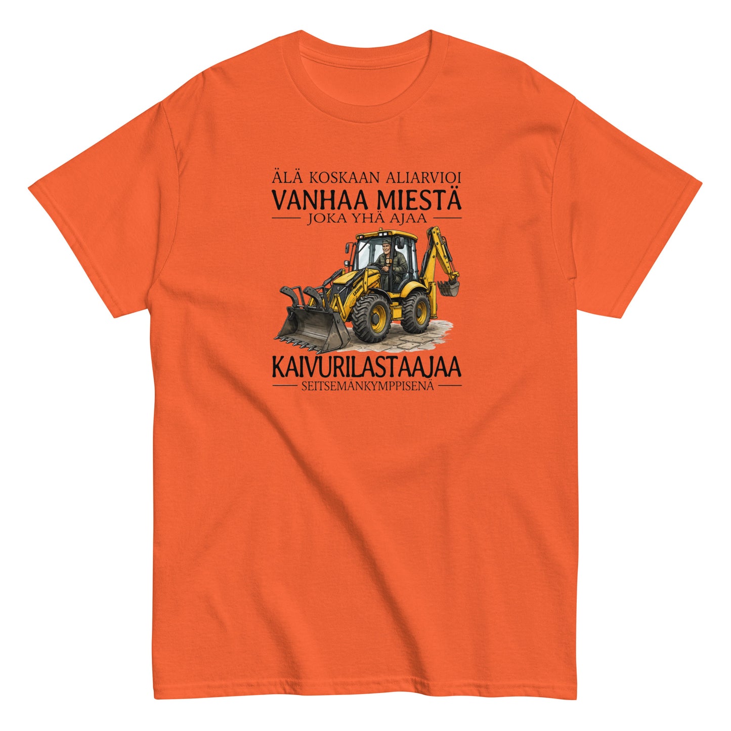 Oranssi printtipaita, jossa on hauska kaivuriteemainen painatus ja teksti
