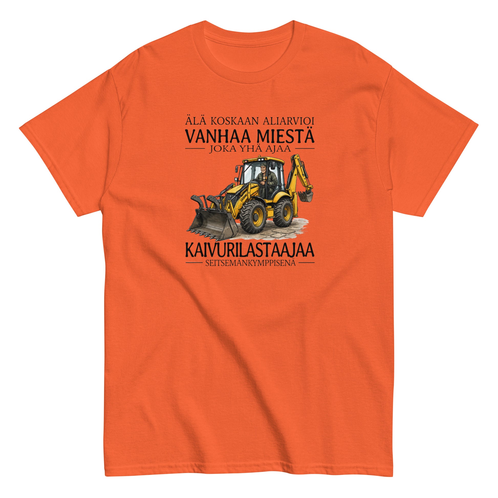 Oranssi printtipaita, jossa on hauska kaivuriteemainen painatus ja teksti