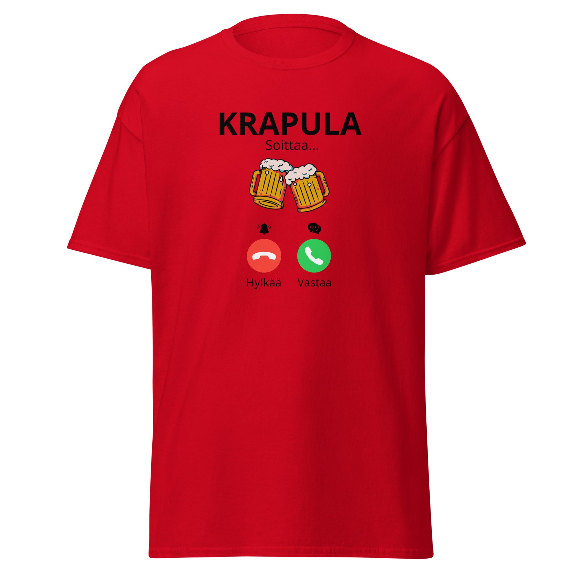 Punainen printtipaita 'Krapula Soittaa' oluttuoppikuvalla ja valintanäppäimillä