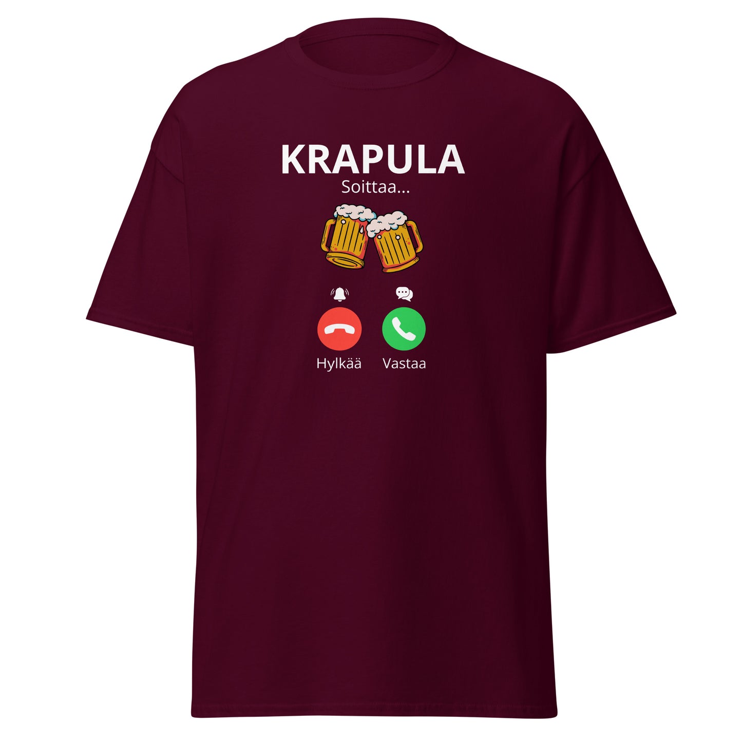Burgundin värinen printtipaita, jossa Krapula teksti ja olutlasit, hauska lahja ystävälle