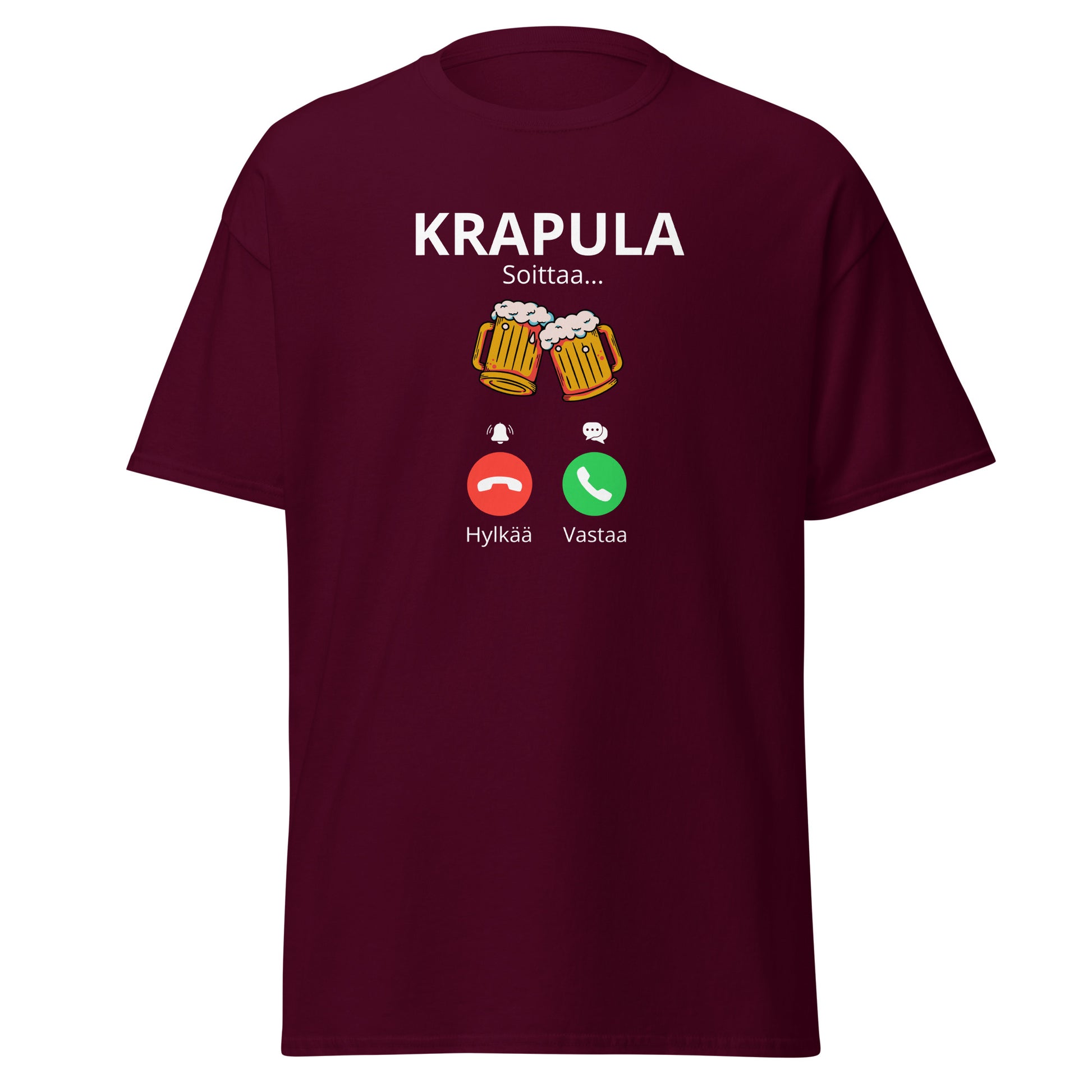 Burgundin värinen printtipaita, jossa Krapula teksti ja olutlasit, hauska lahja ystävälle