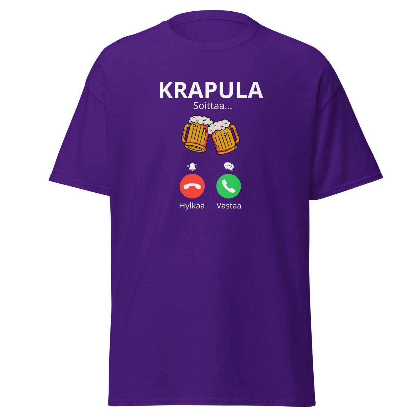 Violetti printtipaita, jossa on hauska krapula-aiheinen teksti ja kuvakkeet puhelusta