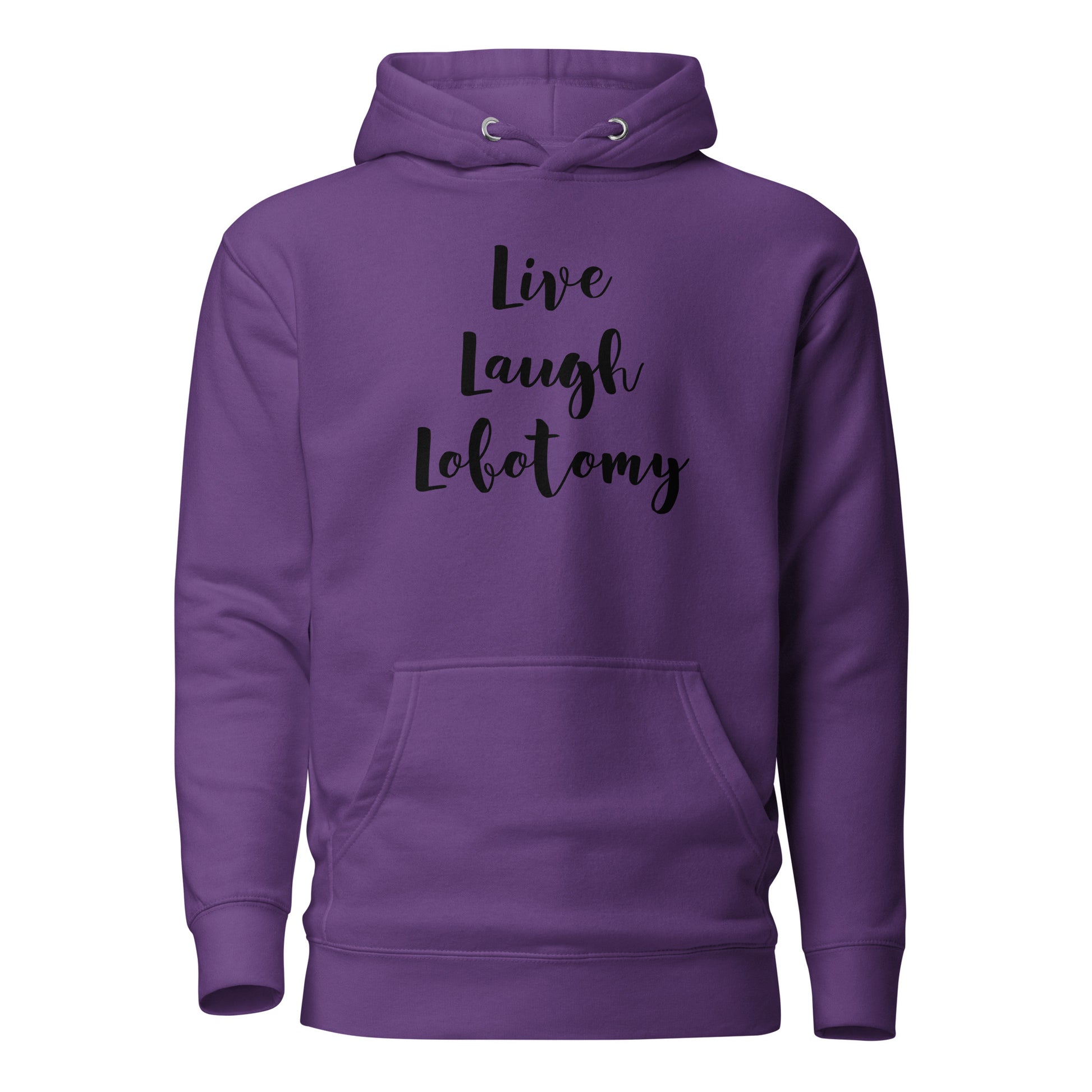 Meemirotta purppura huppari, jossa teksti Live Laugh Lobotomy, mukava ja trendikäs printtipaita