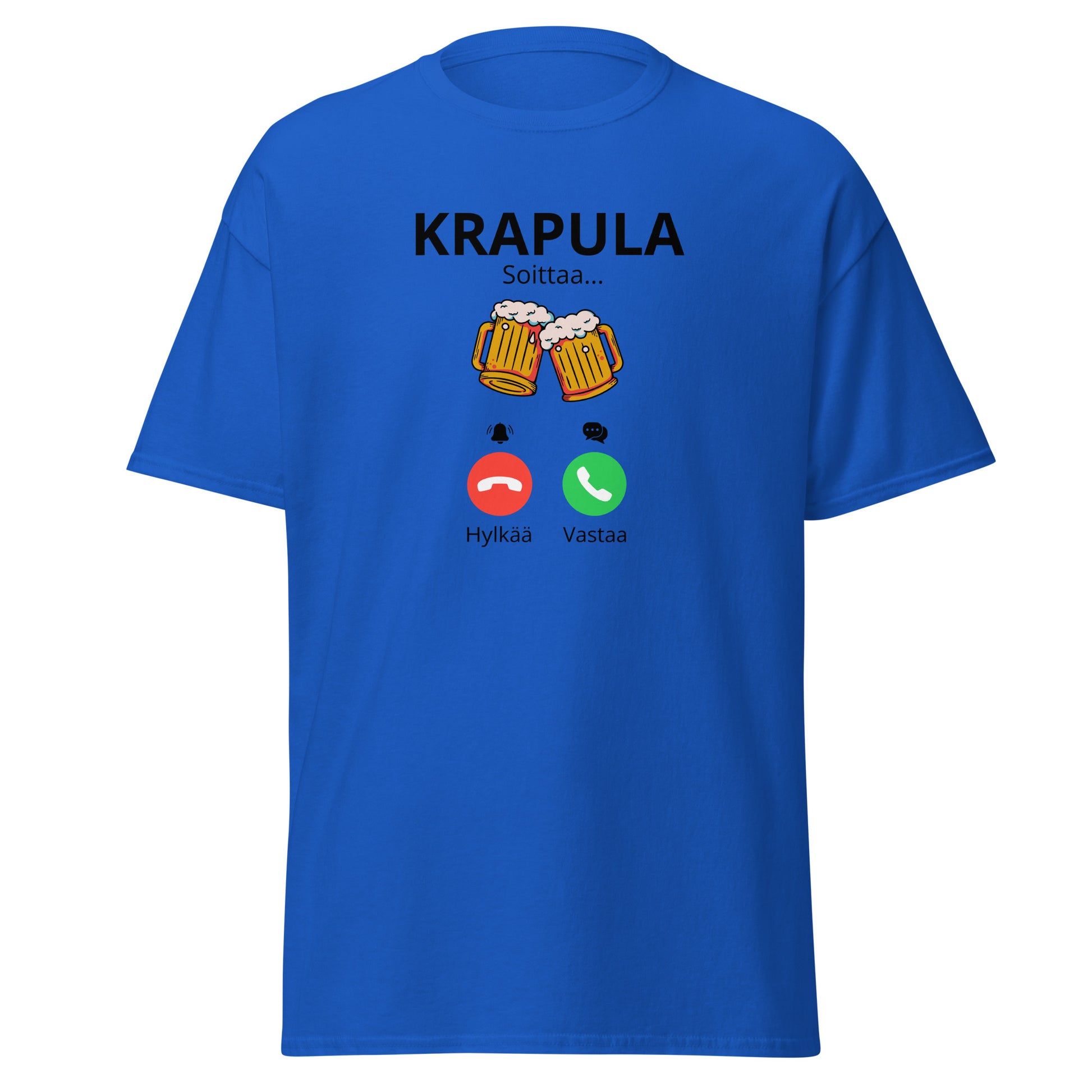 Sininen printtipaita, jossa hauska tekstiviesti krapulasta ja olutlasit