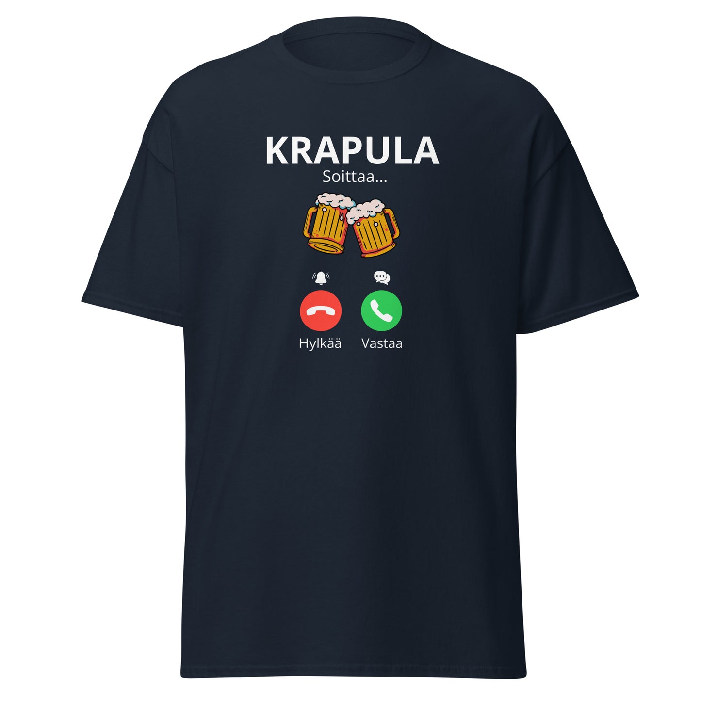 Meemirotta printtipaita, jossa hauska Krapula-soitto kuvitus olutpurkeilla ja puhelinnapeilla
