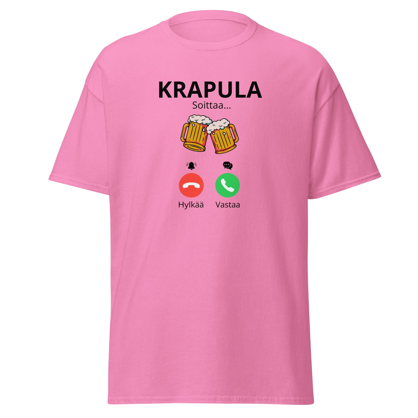 Vaaleanpunainen printtipaita, jossa teksti Krapula ja juomalasit, hauska lahja ystäville
