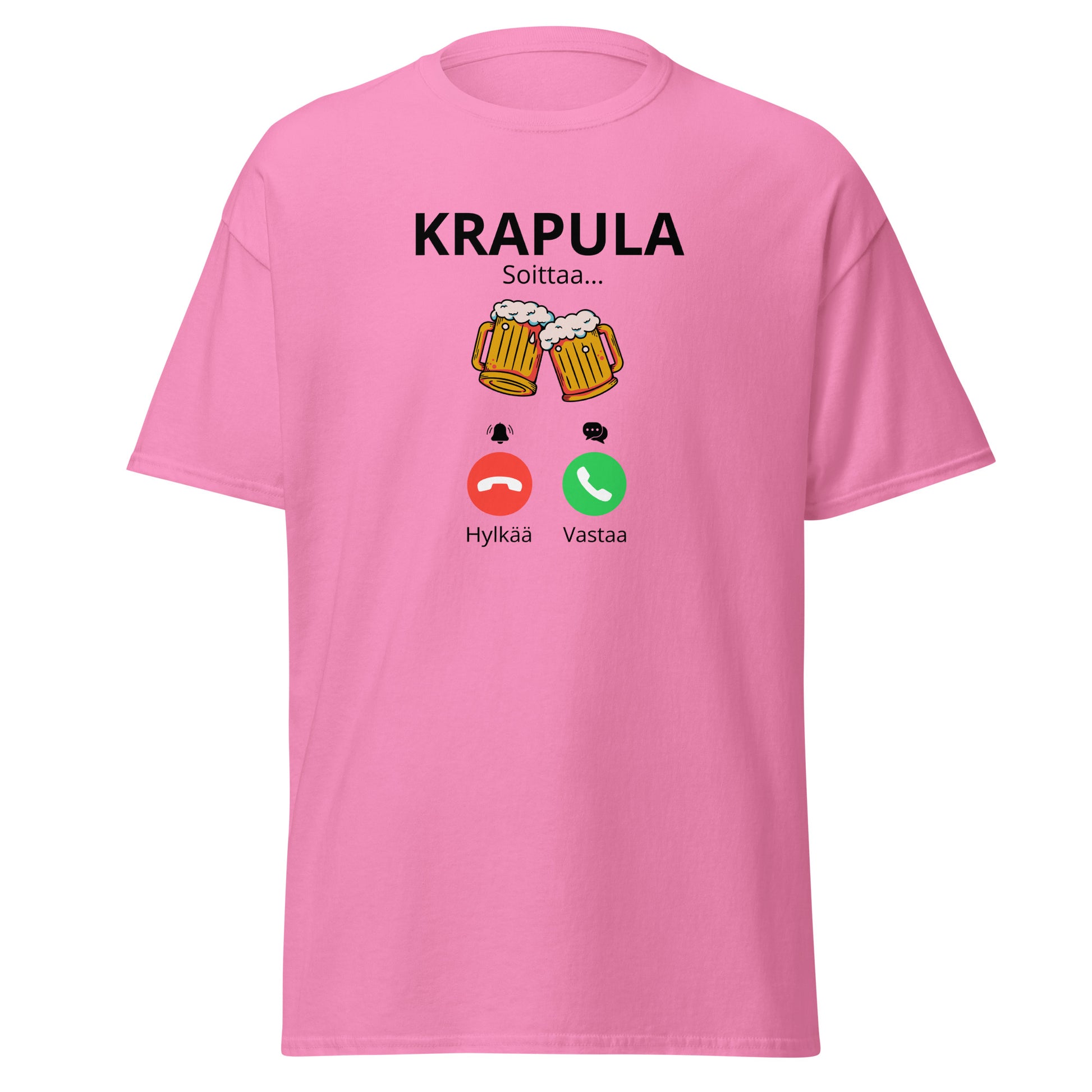 Vaaleanpunainen printtipaita, jossa teksti Krapula ja juomalasit, hauska lahja ystäville