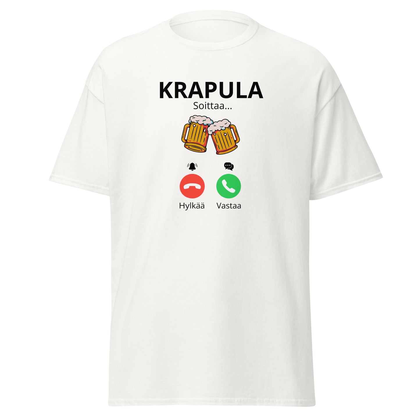 Valkoinen printtipaita, jossa teksti Krapula Soittaa ja olutlasit kuvassa.