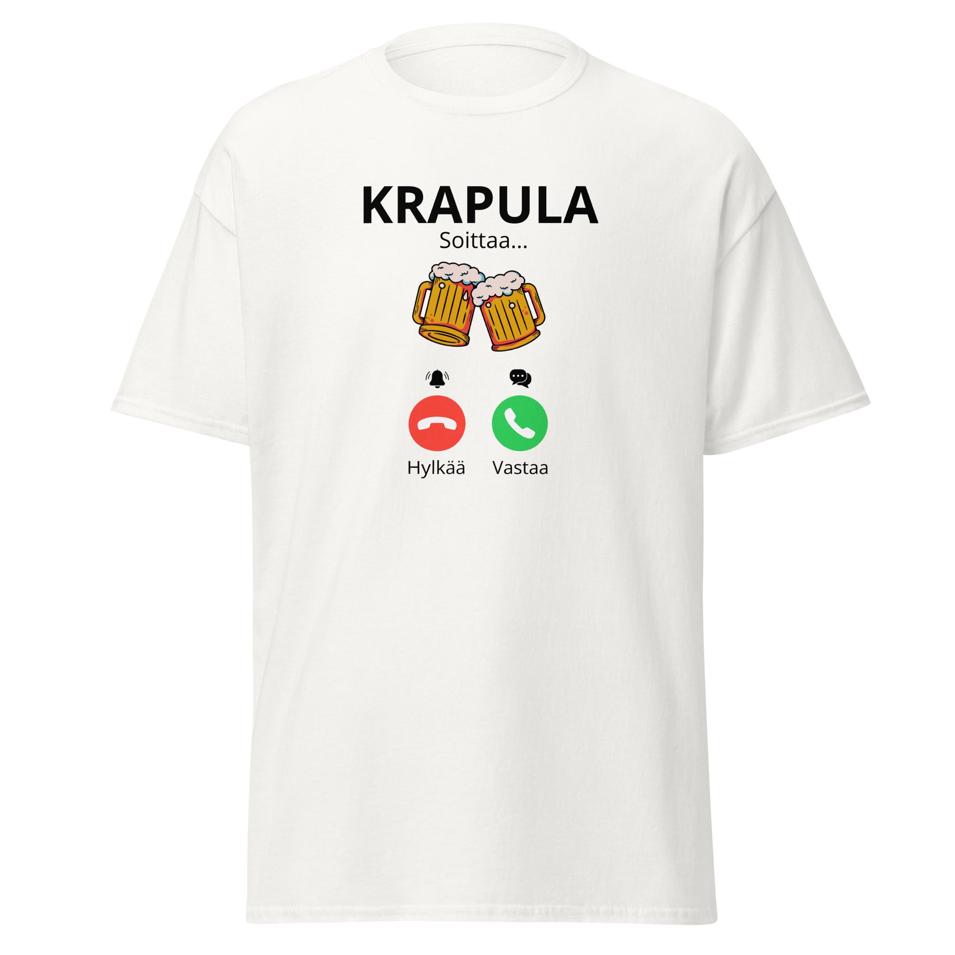 Valkoinen printtipaita, jossa teksti Krapula Soittaa ja olutlasit kuvassa.