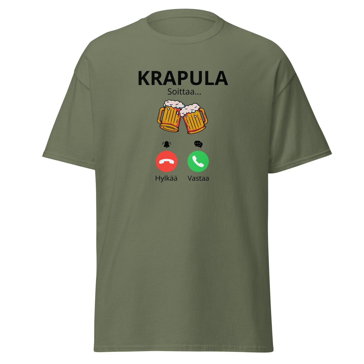 Krapula printtipaita, jossa olutkuvio ja hauska puhelinaihe, hauska vaate juhliin