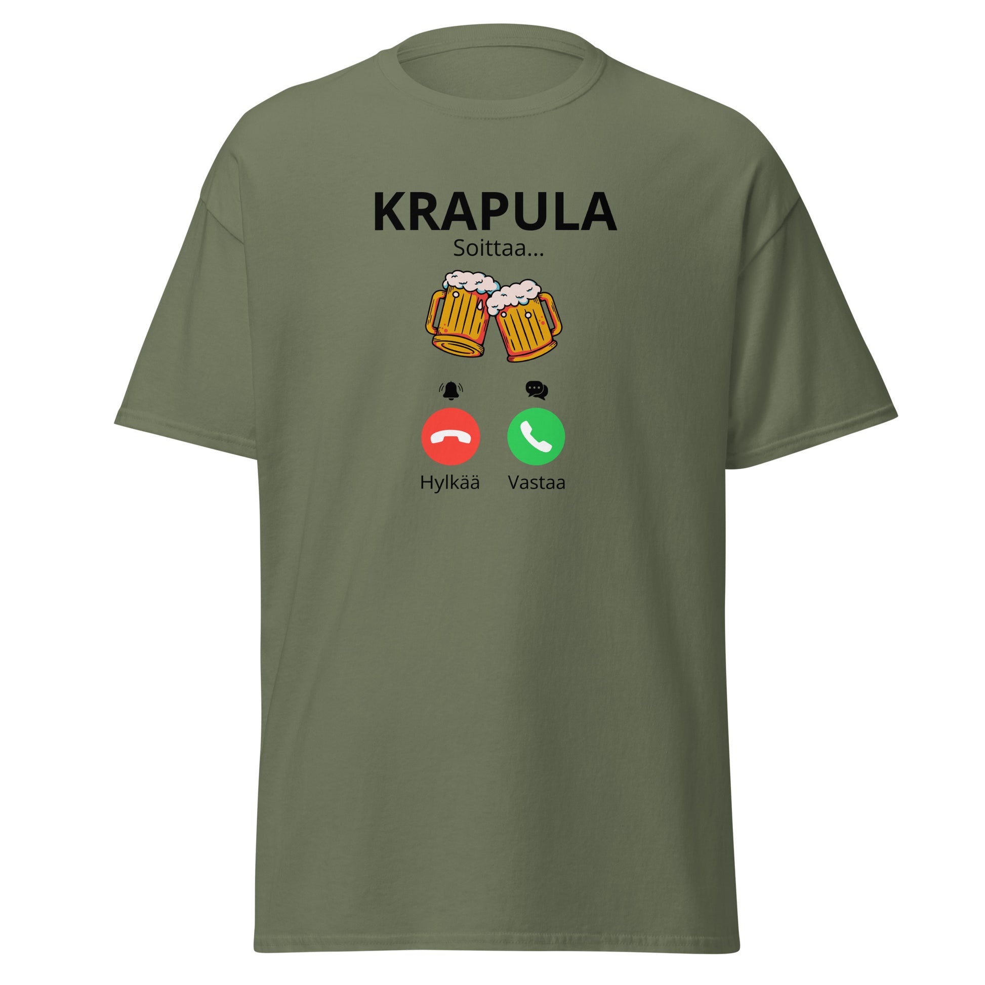 Krapula printtipaita, jossa olutkuvio ja hauska puhelinaihe, hauska vaate juhliin