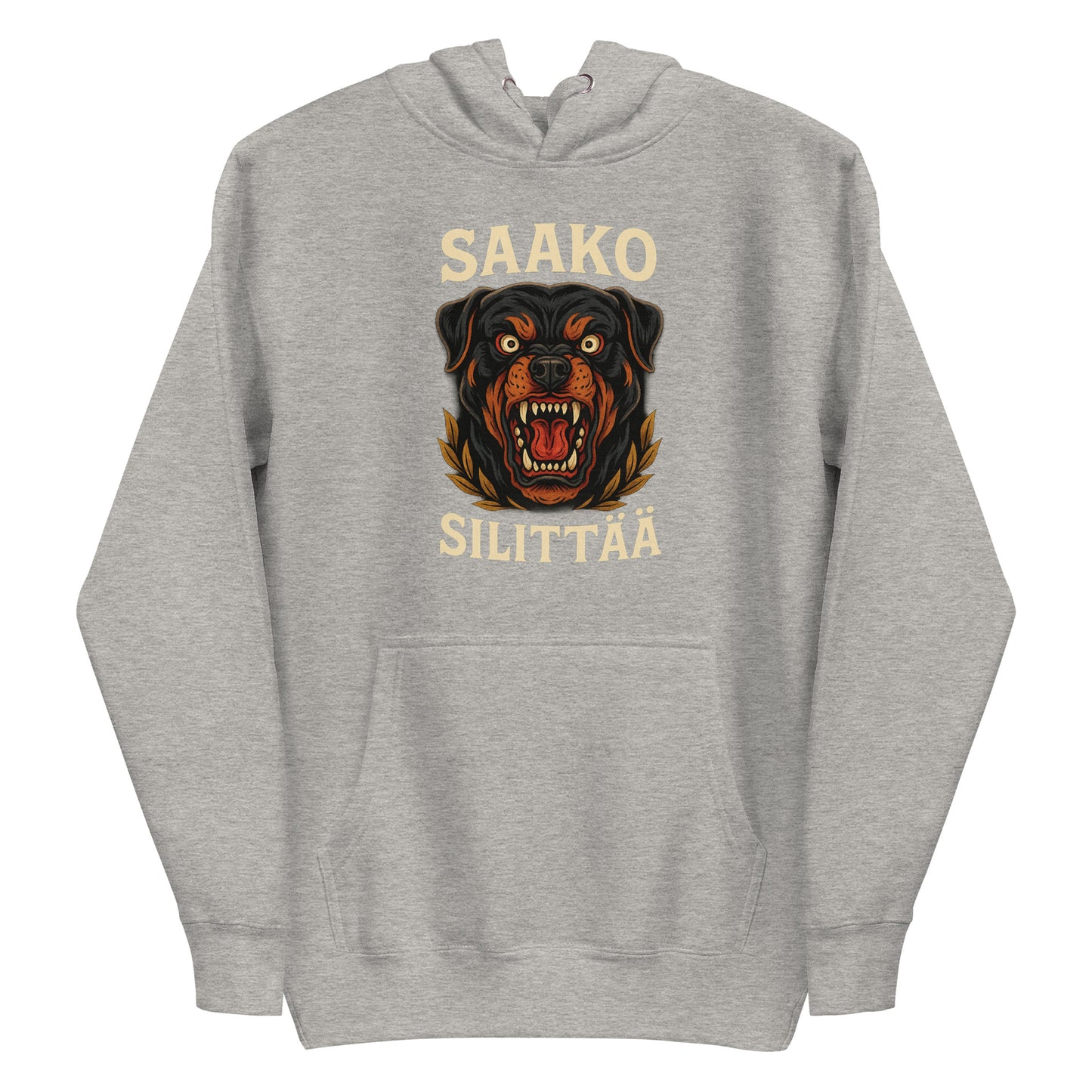 Harmaa huppari Rottweiler-kuvalla ja tekstillä saako silittää huppari.
