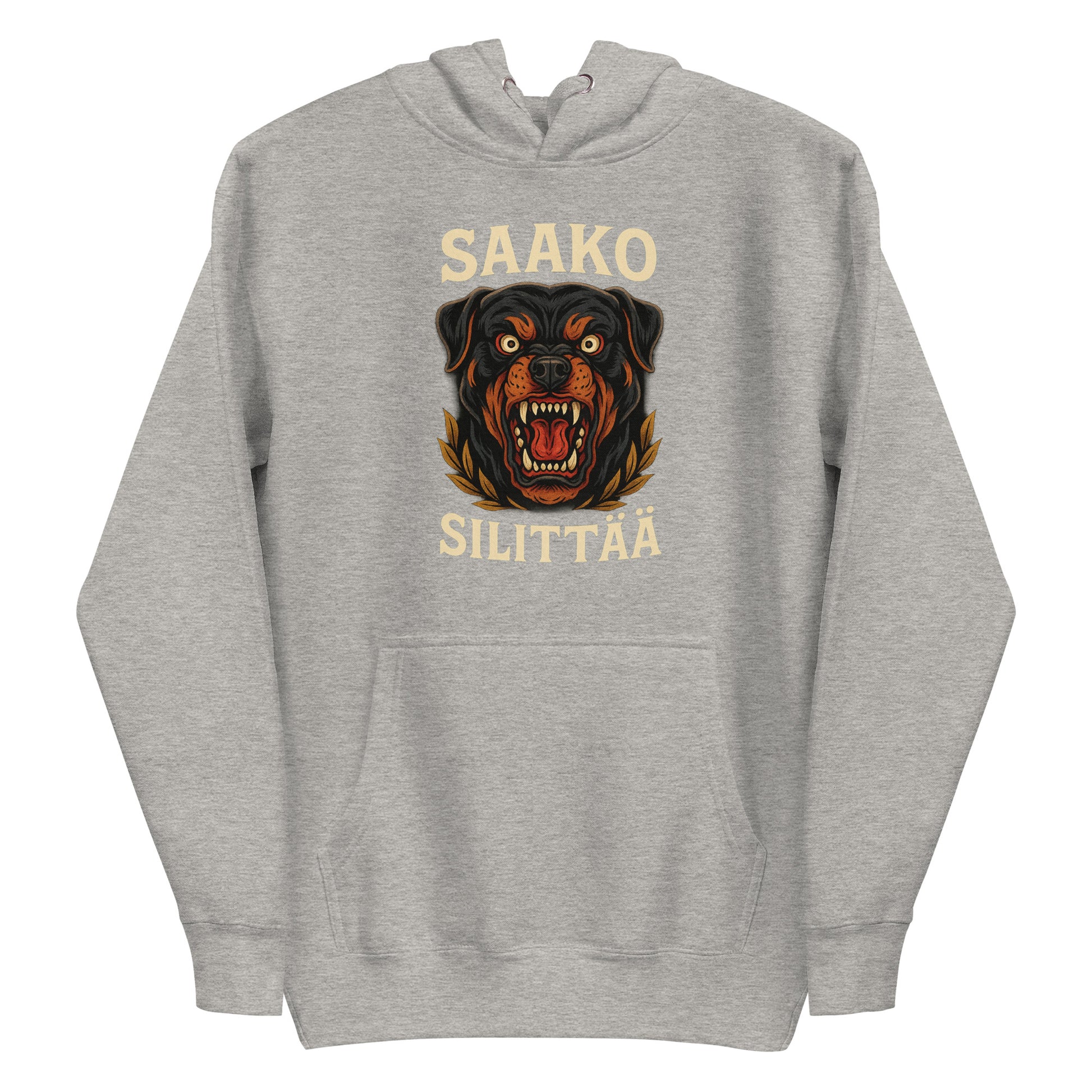 Harmaa huppari Rottweiler-kuvalla ja tekstillä saako silittää huppari.