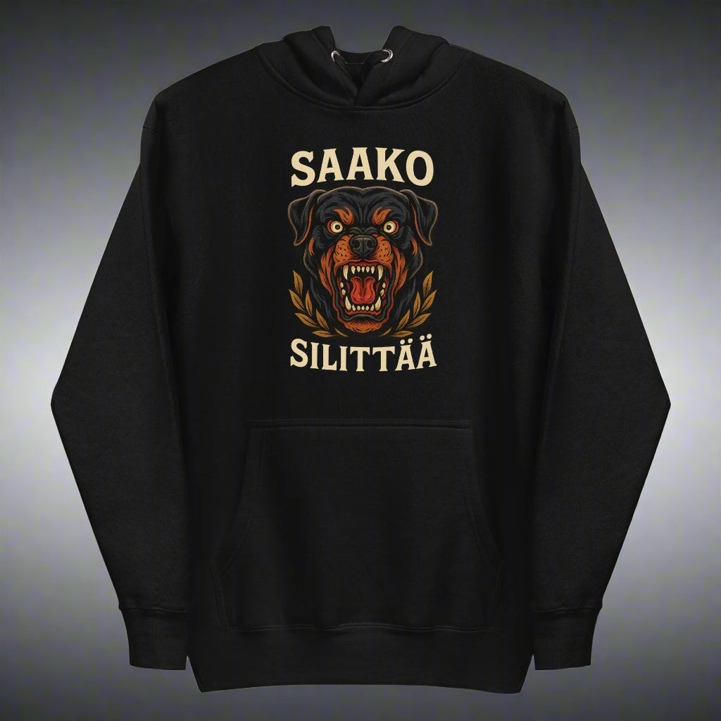 Mustassa hupparissa on näyttävä Rottweiler-tulostus ja teksti Saako silittää.