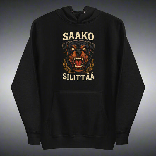 Mustassa hupparissa on näyttävä Rottweiler-tulostus ja teksti Saako silittää.