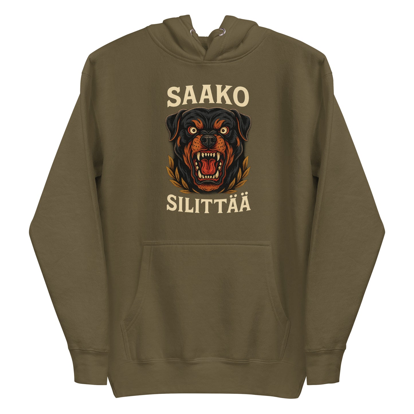 Meemirotta huppari karhun kuvalla ja tekstillä saako silittää huppari.