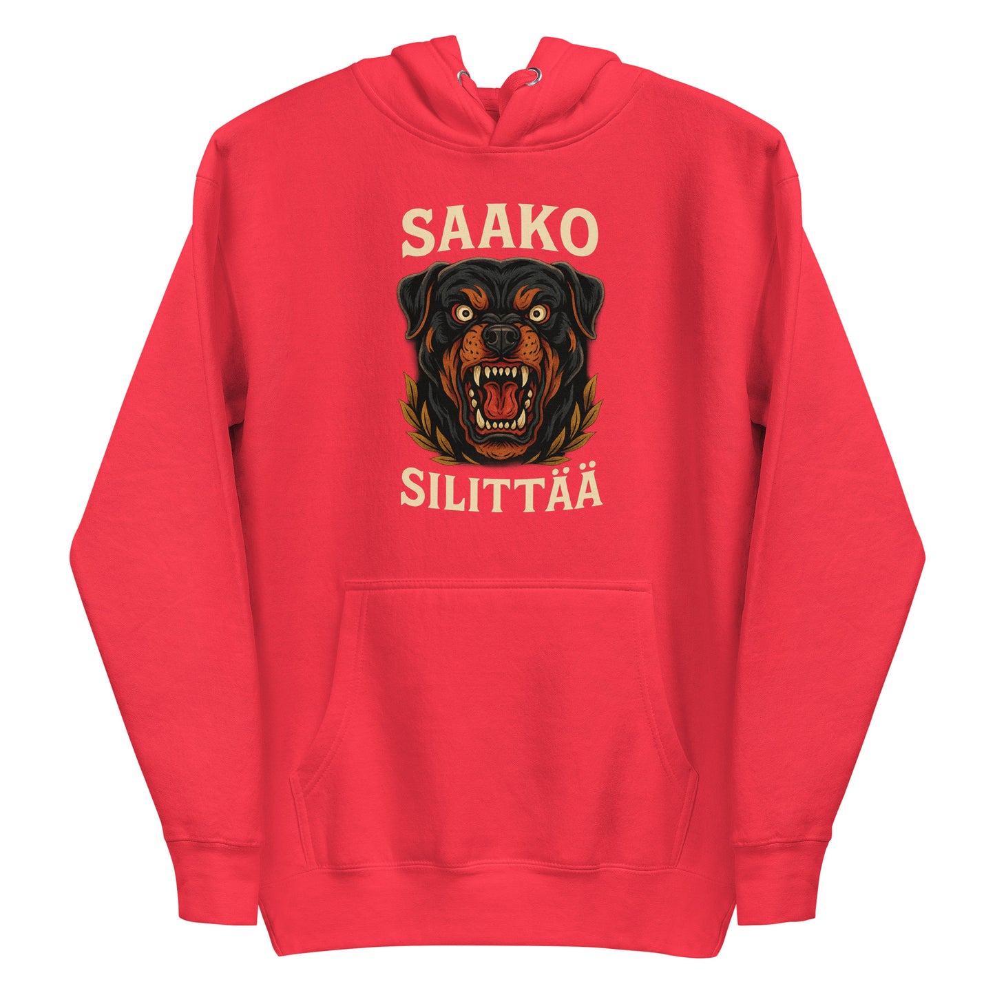 Punainen huppari, jossa on Rottweiler-aiheinen graafinen painatus ja teksti saako silittää