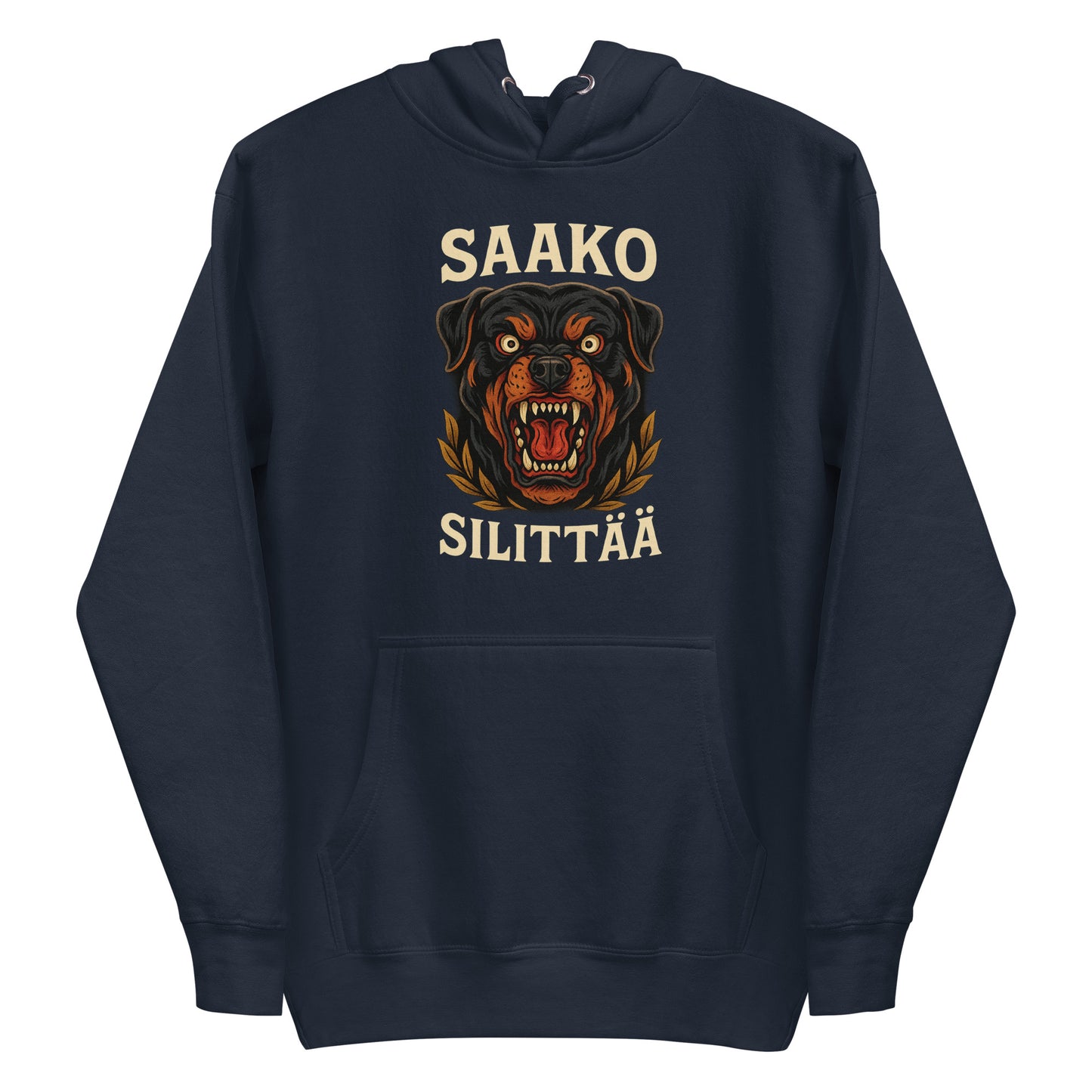 Tummansininen huppari, jossa Rottweiler-kotiväri ja teksti Saako silittää edessä