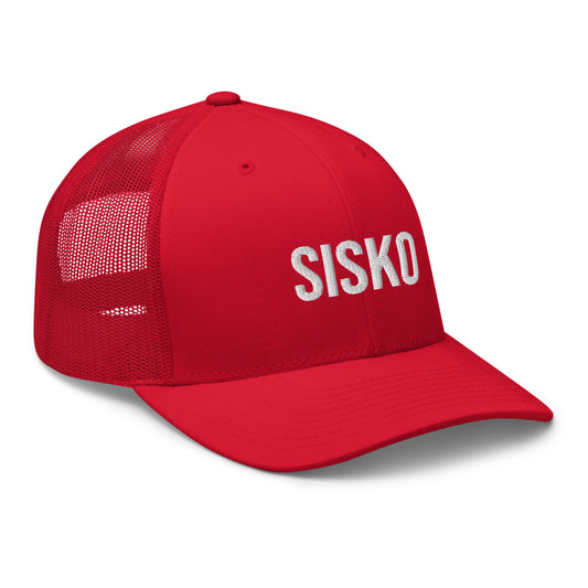 Punainen sisko lippis verkkokorvalla ja valkoisella tekstillä Sisko